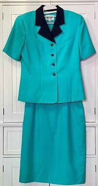 Morgan Miller Vintage 90s Turquoise Short Sleeve Blazer Jacket & Skirt Suit